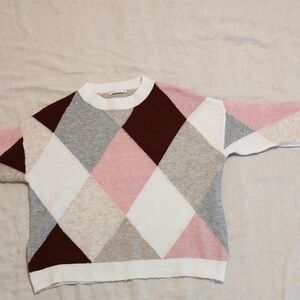 Pink and Gray Crew Neck Argyle Sweater